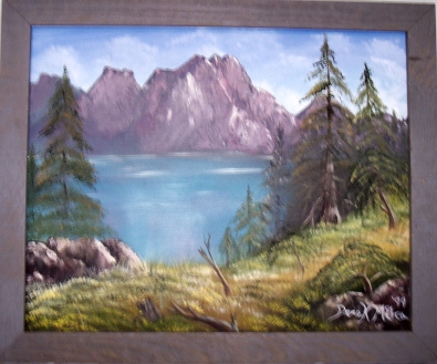 framed mountains landscape oil painting